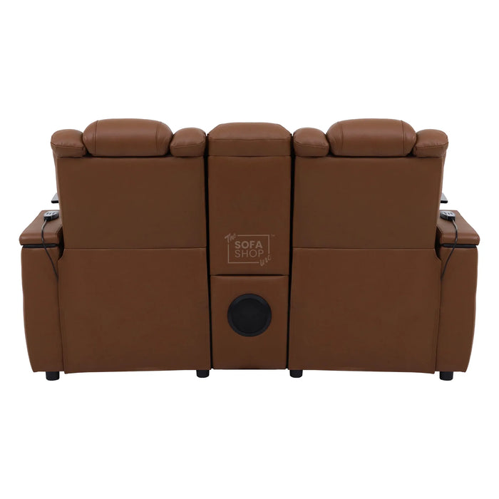 2 Seater Cinema Sofa in Brown Real Leather | Hi-Tech Console Couch with Power Recline, Vibration Massage, Heated Lumbar, Power Headrests, Wireless Charging, Heat & Cool Cupholders, Bluetooth Speakers & Multi-Link| Modena | The Sofa Shop