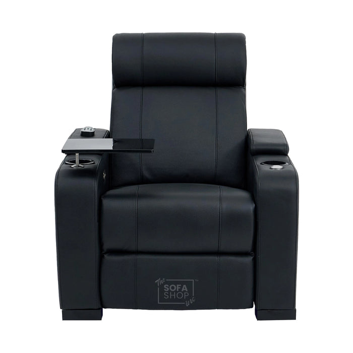 1 Seater Black Genuine Leather Electric Recliner Cinema Chair | Power Seat With Massage, Heat, Cooling Cup Holder & Detachable Tray Table | Rimini | The Sofa Shop