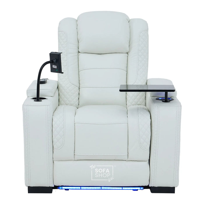 1 Seater Cinema Chair in White Genuine Leather | Hi-Tech Cinema Chair with Power Recline + Power Headrest + Vibration Massage + Heated Lumbar + Power Sockets | Napoli | The Sofa Shop