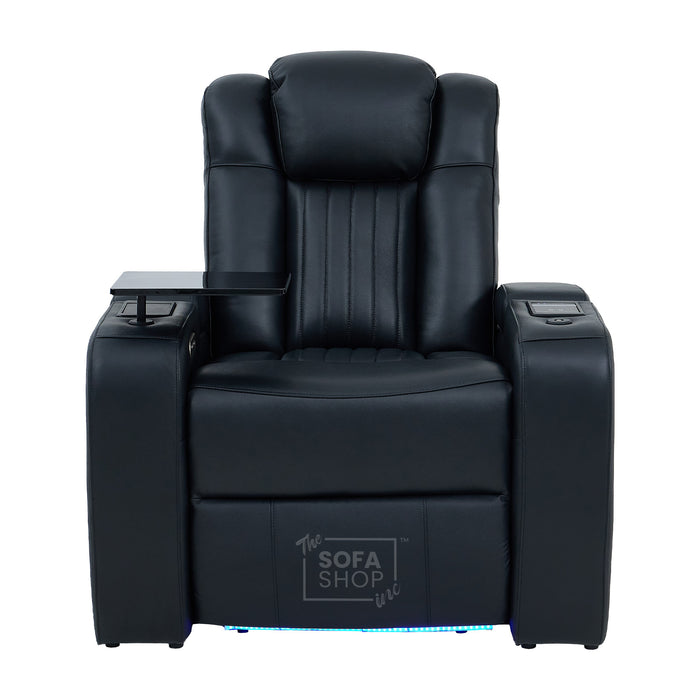 Electric Recliner Cinema Chair in Black Genuine Leather | Hi-Tech Armchair With Massage, Heated Lumbar, Heating & Cooling Cup Holders & Power Headrest | Capri | The Sofa Shop