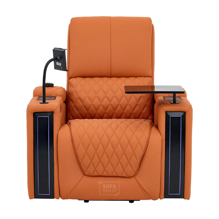 1 Seater Electric Dual Lift Riser Cinema Chair | Power Recline, Heated Lumbar + Massage & Cooling & Heating Cup Holders | Orange Real Leather Riser Armchair with Tray Tables | Assisi | The Sofa Shop