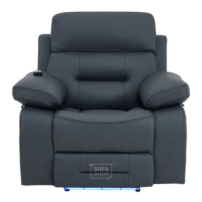 1 Seater Cinema Chair in Grey Genuine Leather | Hi-Tech Cinema Chair with Power Recline + Power Headrest + Vibration Massage + Heated Lumbar+ Power Grommet | Sicily | The Sofa Shop
