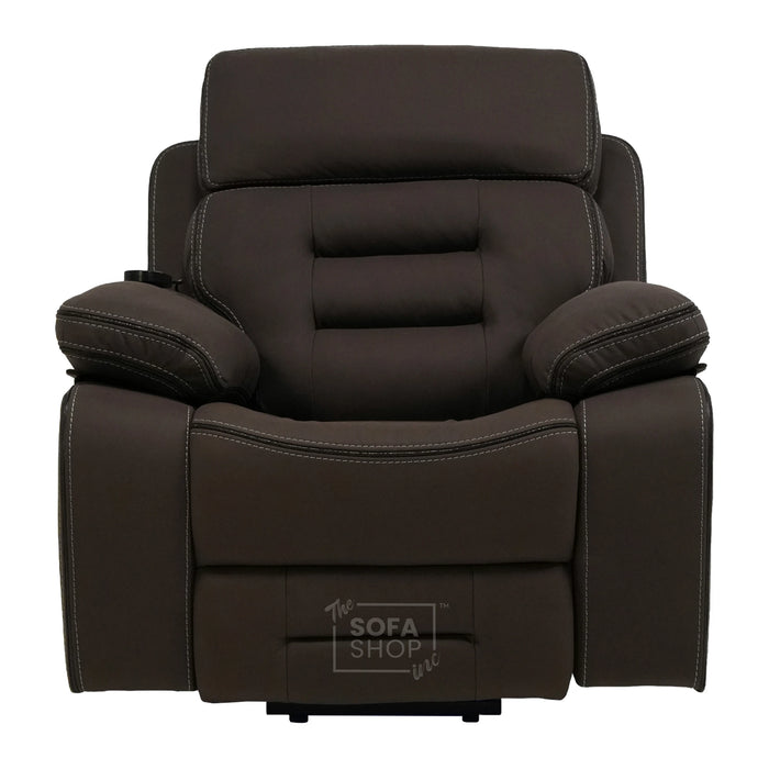 Tuscany Riser Recliner Chair | 1 Seater Dark Brown Fabric Electric Recliner Rising Armchair | Hi-Tech Lift Chair with Riser Function, Vibration Massage, Heated Lumbar  & Cooling Cup Holder + Power Grommet| The Sofa Shop