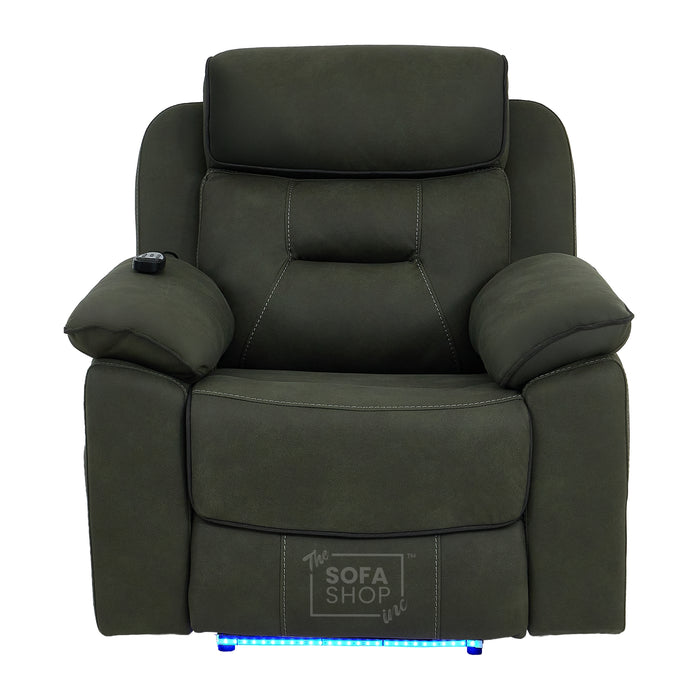 1 Seater Electric Recliner Chair in Green Fabric | Hi-Tech Chair with Vibration Massage + Heated Lumbar + Power Headrest + Power Grommet + USB+C Charging | Florence | The Sofa Shop