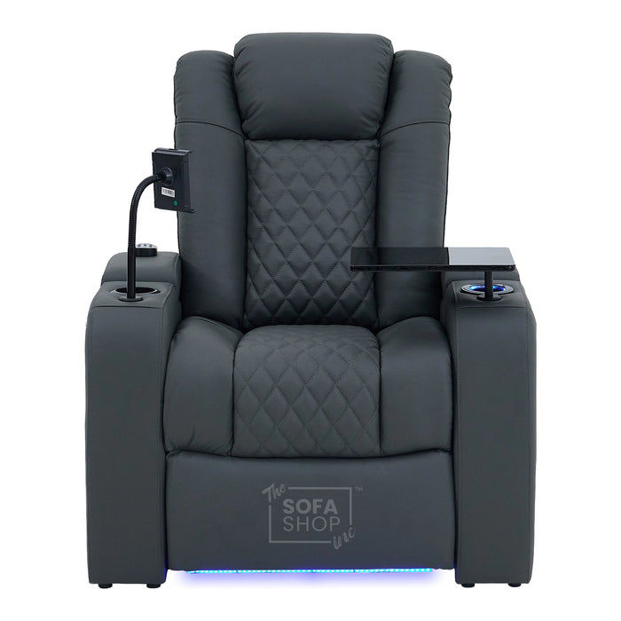1 Seater Grey Real Leather Electric Recliner Cinema Chair | Hi-Tech Armchair With Vibration Massage, Heated Lumbar, Power Headrest, Cooling + Heating Cup Holders & Power Grommet | Milano | The Sofa Shop