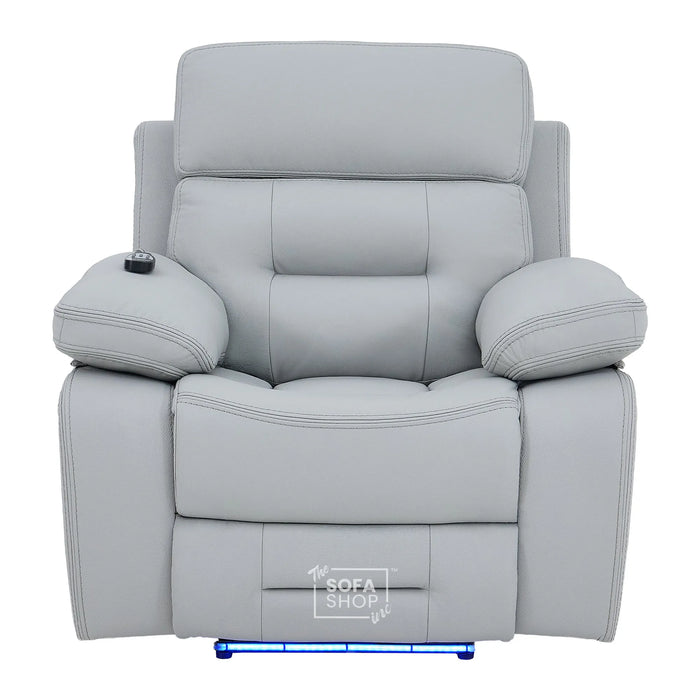 1 Seater Cinema Chair in Light Grey Genuine Leather | Hi-Tech Cinema Chair with Power Recline + Power Headrest + Vibration Massage + Heated Lumbar + Side Storage & Power Grommet | Sicily | The Sofa Shop