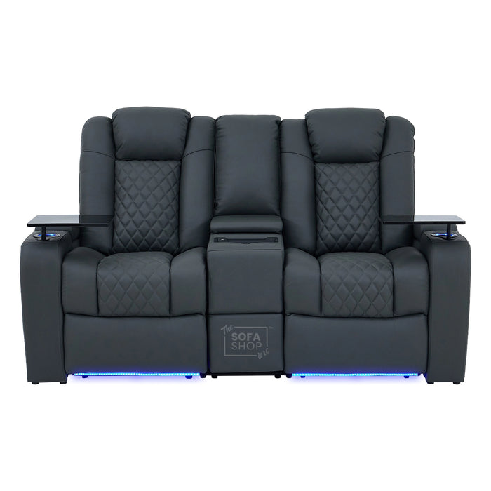 2 Seater Grey Real Leather Electric Recliner Cinema Sofa | Hi-Tech Couch With Power Headrest, Bluetooth Speakers, Wireless Charging, Cooling + Heating Cup Holder & Power Grommet  | Milano