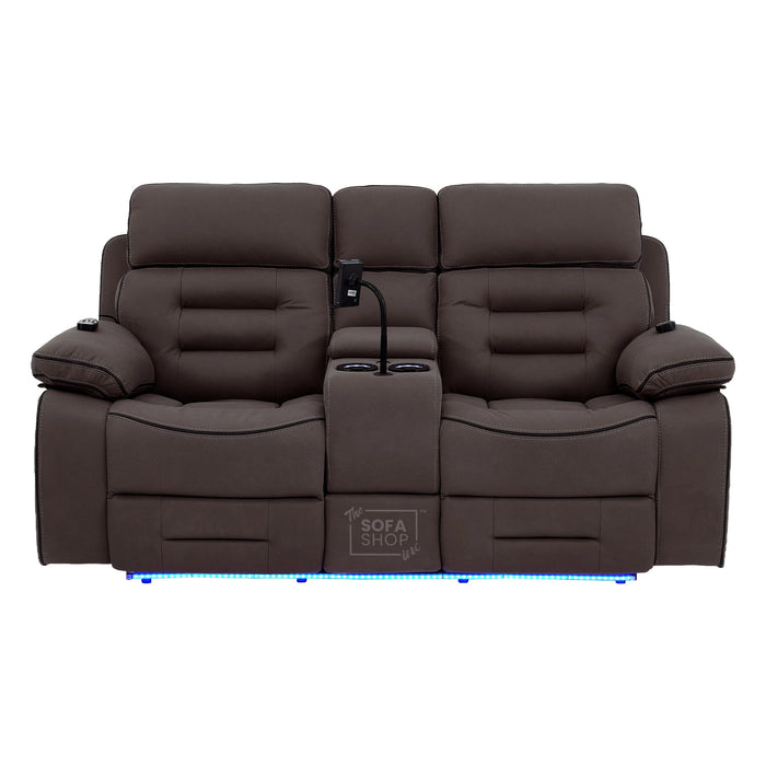 2 Seater Dark Brown Fabric Electric Recliner Home Theatre Sofa with Middle Console | Hi-Tech Sofa with 8-Point Massage, Heated Lumbar, Multi-Link Bluetooth, Cooling & Heating Cupholders | Tuscany | The Sofa Shop