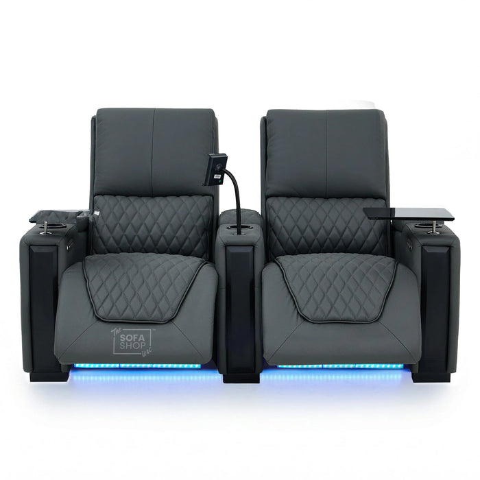 2 Seat Real Leather Electric Recliner Home Cinema Theatre Sofa In Grey With Multi-Position Reclining + LED Cup Holders & Lumbar Support | Assisi