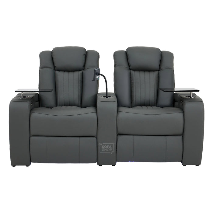 2 Seater Grey Real Leather Electric Recliner Cinema Sofa | Massage, Power Headrests & Tray Tables | Capri | The Sofa Shop