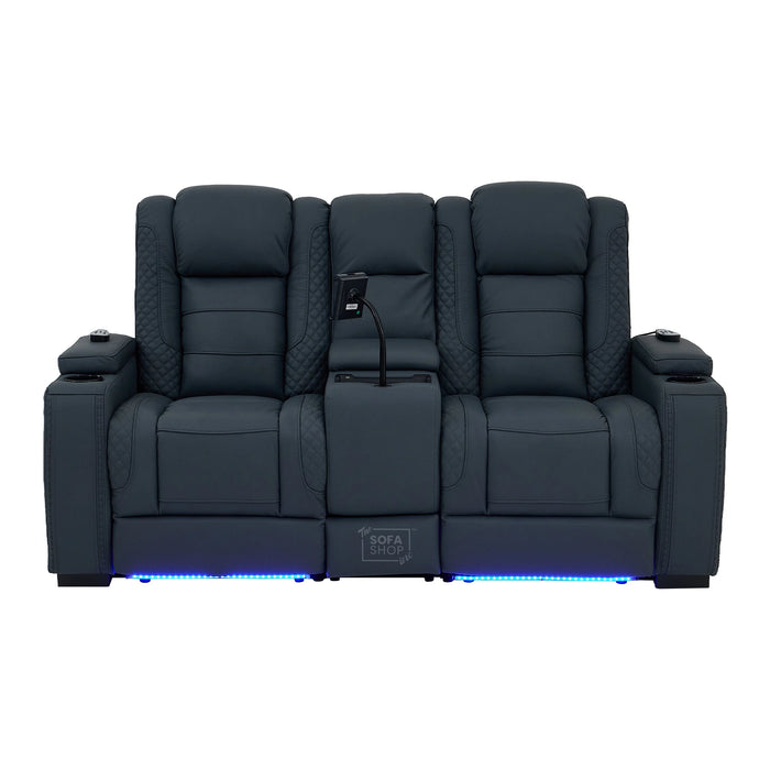 2 Seater Blue Real Leather Electric Recliner Cinema Sofa | Massage, Heat, Console, Wireless Charging & Cooling Cup Holders | Napoli