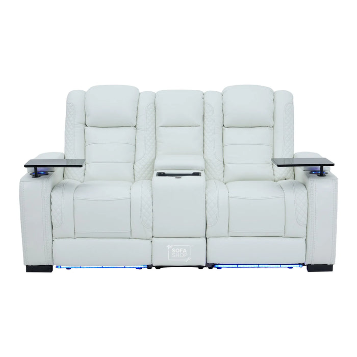 2 Seater Cinema Sofa in White Genuine Leather | Hi-Tech Console Couch with Power Recline + Power Headrests + Sockets + Speakers + Cooling Cupholders | Napoli | The Sofa Shop