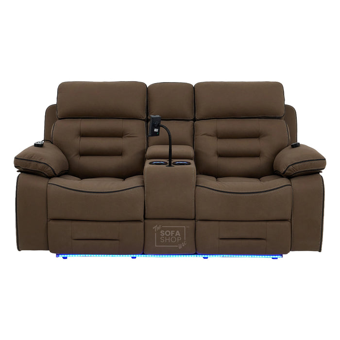 2 Seater Mocha Brown Fabric Electric Recliner Cinema Sofa with Massage, Heated Lumbar, Console, Bluetooth Speakers & LED Lights | Tuscany | The Sofa Shop