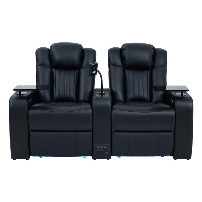 2 Seater Cinema Sofa in Black Real Leather | Hi-Tech Console Couch with Massage & Heated Lumbar, Wireless Charging, Heat & Cool Cupholders, Bluetooth Speakers & Multi-Link | Capri | The Sofa Shop