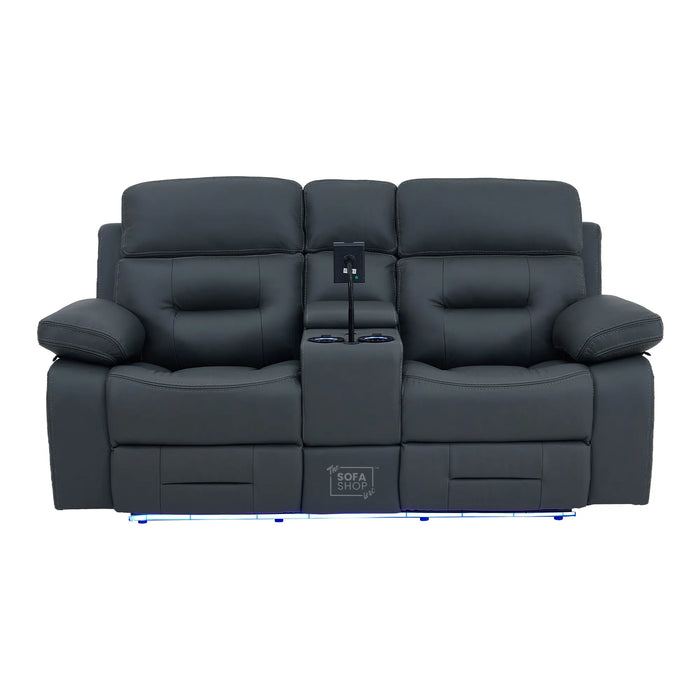 2 Seater Cinema Sofa in Grey Genuine Leather | Hi-Tech Console Couch with Power Recline + Power Headrests + Speakers + Cooling Cupholders | Sicily | The Sofa Shop