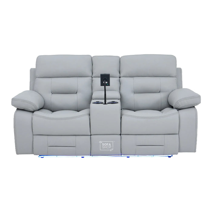 2 Seater Cinema Sofa in Light Grey Genuine Leather | Hi-Tech Console Couch with Power Recline + Power Headrests + Speakers + Cooling Cupholders | Sicily | The Sofa Shop