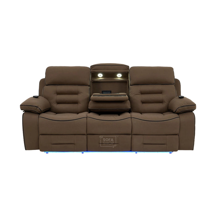 3 Seater Electric Recliner Cinema Sofa in Mocha Brown Fabric | Hi-Tech Sofa With Massage, Heat, Fold-Down Table, Bluetooth Speakers, LED Lights & Power Headrest | Tuscany | The Sofa Shop