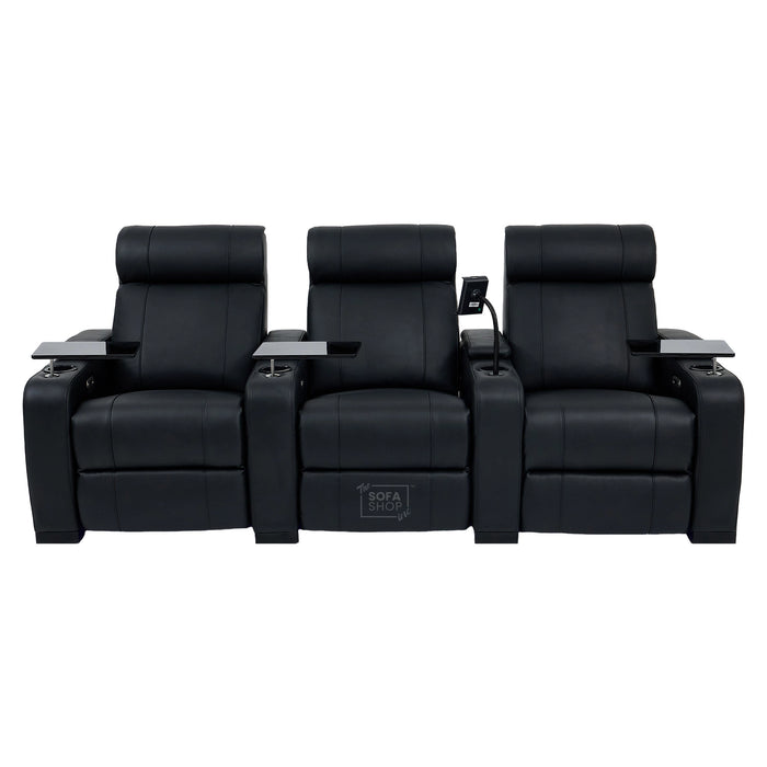 3 Seater Black Real Leather Power Recline Cinema Sofa | Hi-Tech Sofa With 8-Point Vibration Massage, Heated Lumbar & Cooler Cup Holders | Rimini | The Sofa Shop
