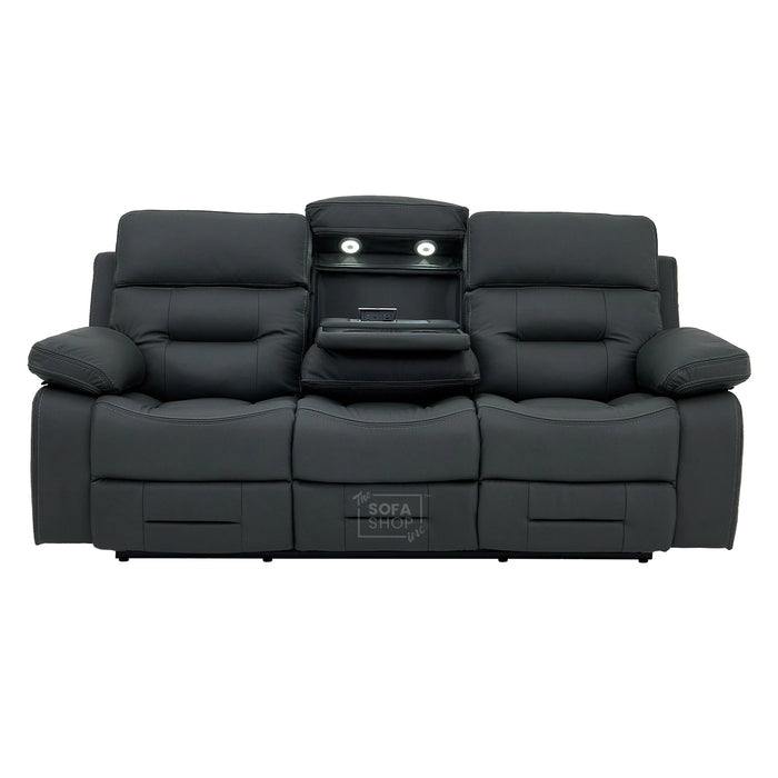 3 Seater Electric Recliner Cinema Sofa in Grey Real Leather | Hi-Tech Cinema Seats with Massage, Drop-Down Table, LED Reading Light, Power Headrest, Power Recliner, Storage Drawer, Heating, USB & Wireless Charging | Sicily