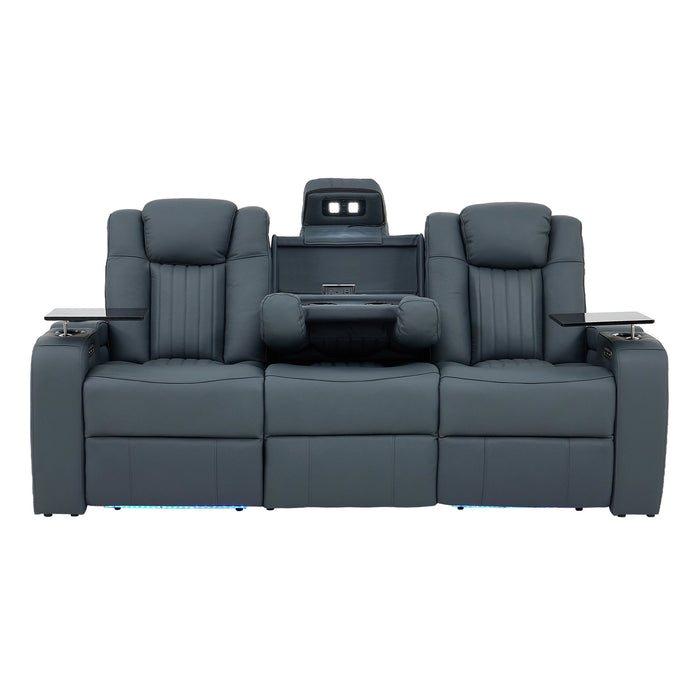 3 Seater Real Leather Recliner Sofa In Blue | Cinema Sofa with Massage, Heating, USB Ports, Drop-Down Table, LED Lights & Massage | Capri | The Sofa Shop