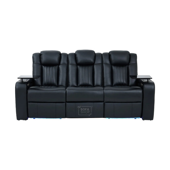 3 Seater Cinema Sofa in Black Real Leather | Hi-Tech Cinema Sofa with Vibration Massage, Heated Lumbar, Bluetooth Speakers, Heating & Cooling Cupholders | Capri | The Sofa Shop