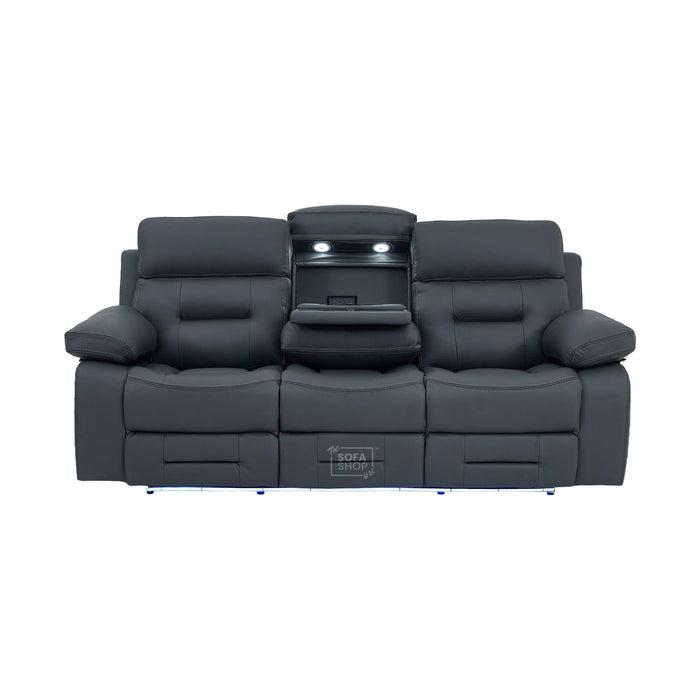 3 Seater Cinema Sofa in Grey Genuine Leather | Hi-Tech Couch with Power Recline + Power Headrests + Wireless Charging + Speakers | Sicily | The Sofa Shop