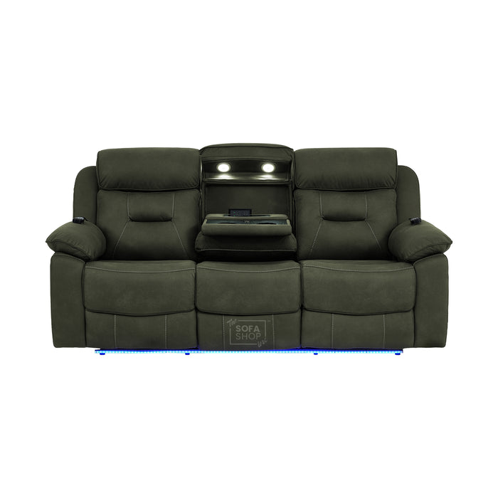 3 Seater Fabric Electric Recliner Sofa With Vibration Massage & Heating | Integrated Wireless Charging + Multi-Link Bluetooth | Green Fabric | Power Headrests & Fold-Down Table | Florence | The Sofa Shop