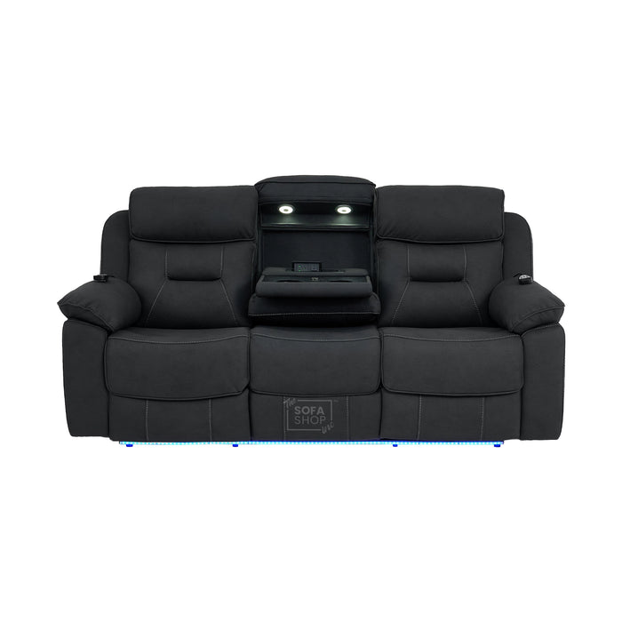 3 Seater Electric Recliner Couch in Charcoal Grey Fabric | Hi-Tech Sofa with Vibration Massage + Heated Lumbar + Power Grommet + Multi-Link Bluetooth + Power Headrests | Florence | The Sofa Shop