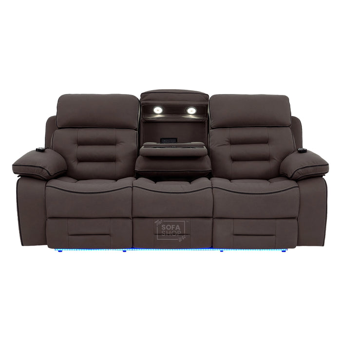 3 Seater Electric Recliner Cinema Sofa in Dark Brown Fabric | Hi-Tech Sofa With Massage, Fold-Down Table, Bluetooth Speakers, LED Lights & Power Headrest | Tuscany | The Sofa Shop