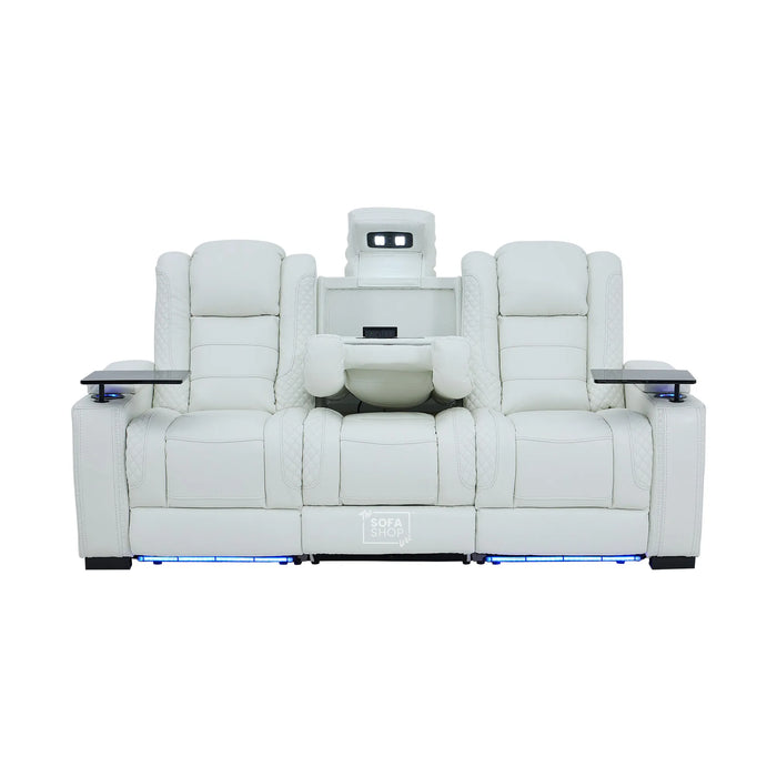 3 Seater Cinema Sofa in White Genuine Leather | Hi-Tech Cinema Sofa with Power Recline + Power Headrests + Vibration + Sockets + Base Storage | Napoli | The Sofa Shop