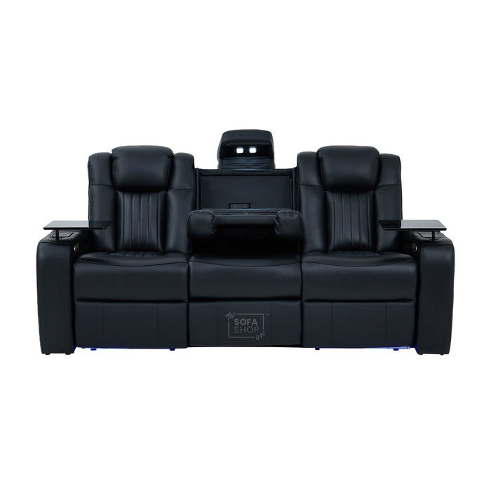 3 Seater Cinema Sofa in Black Real Leather | Hi-Tech Cinema Sofa with Vibration Massage, Heated Lumbar, Bluetooth Speakers, Heating & Cooling Cupholders | Capri | The Sofa Shop