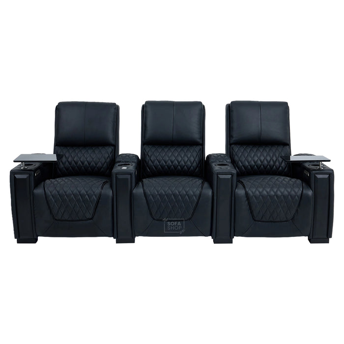 3 Seater Cinema Sofa in Black Real Leather | Luxury Theatre & Home Cinema Seating | Electric Recliner With USB Charging + Cupholders & Power Headrests | LED Lighting & Hidden Storage | Assisi