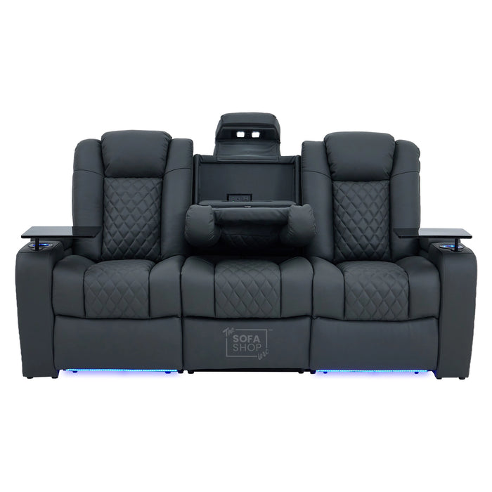 3 Seater Grey Real Leather Electric Recliner Cinema Sofa | Hi-Tech Couch With Multi-Link Bluetooth Speakers, Cooling + Heating Cup Holder, Wireless Charging, Fold Down Table, Food Trays & Power Grommet | Milano | The Sofa Shop