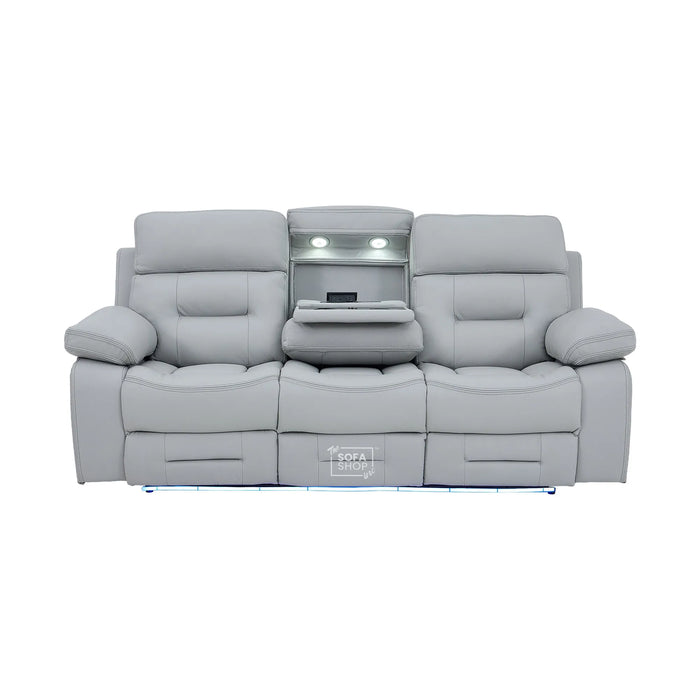 3 Seater Cinema Sofa in Light Grey Genuine Leather | Hi-Tech Couch with Power Recline + Power Headrests + Wireless Charging + Speakers | Sicily | The Sofa Shop