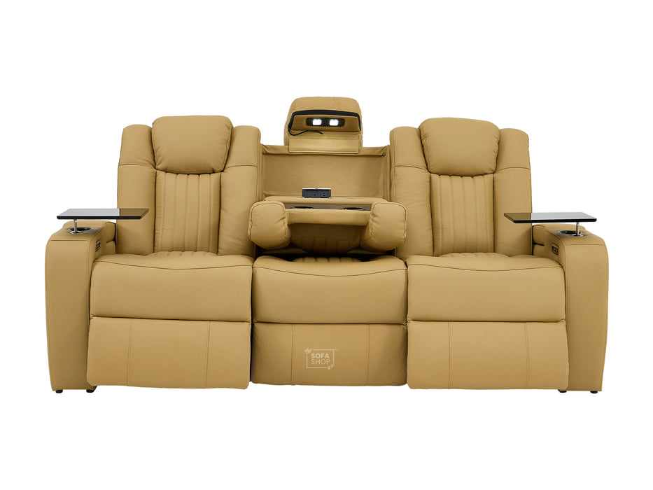 3 Seater Real Leather Electric Recliner Cinema Sofa in Tan | Recliner Couch With Massage, Power Recliners, Power Headrests, Led Reading & Tray Tables | Capri | The Sofa Shop
