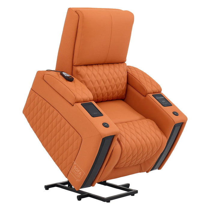 1 Seater Electric Dual Lift Riser Cinema Chair | Power Recline, Heated Lumbar + Massage & Cooling & Heating Cup Holders | Orange Real Leather Riser Armchair with Tray Tables | Assisi | The Sofa Shop