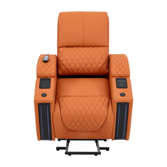 1 Seater Electric Dual Lift Riser Cinema Chair | Power Recline, Heated Lumbar + Massage & Cooling & Heating Cup Holders | Orange Real Leather Riser Armchair with Tray Tables | Assisi | The Sofa Shop