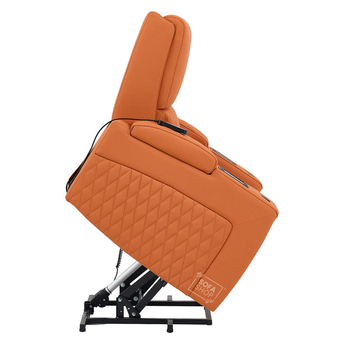 1 Seater Electric Dual Lift Riser Cinema Chair | Power Recline, Heated Lumbar + Massage & Cooling & Heating Cup Holders | Orange Real Leather Riser Armchair with Tray Tables | Assisi | The Sofa Shop