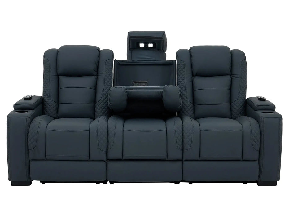 3+2 Cinema Sofa Set in Blue Genuine Leather with Massage, Drop-Down Table, Cup Holders, LED Reading Light, Power Recliner, USB Ports, Socket Set & Storage | Blue Leather | Napoli | The Sofa Shop