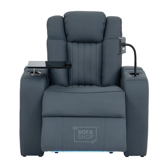 Real Leather Recliner Cinema Chair In Blue | Massage, Heating, Power Headrest, Food Tray & Power Grommet | Capri | The Sofa Shop
