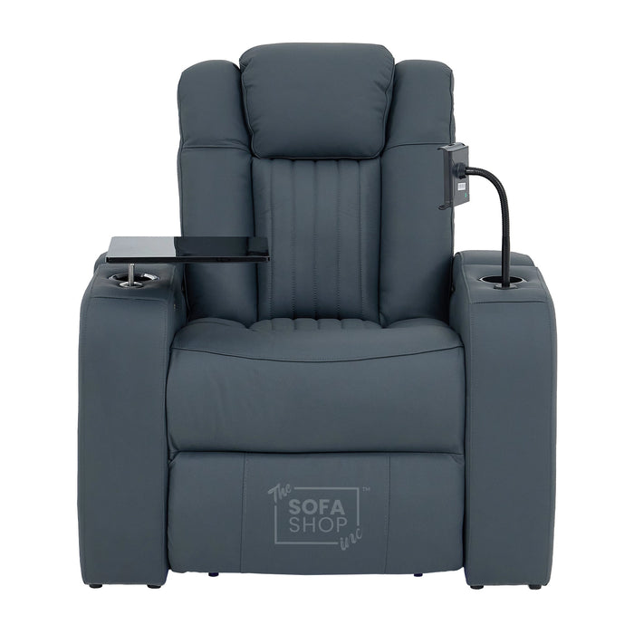 Real Leather Recliner Chair In Blue with Power Headrest, Power Recline, Massage, Heating, USB Charging, Cooling Cup Holder & Tray Table | Capri