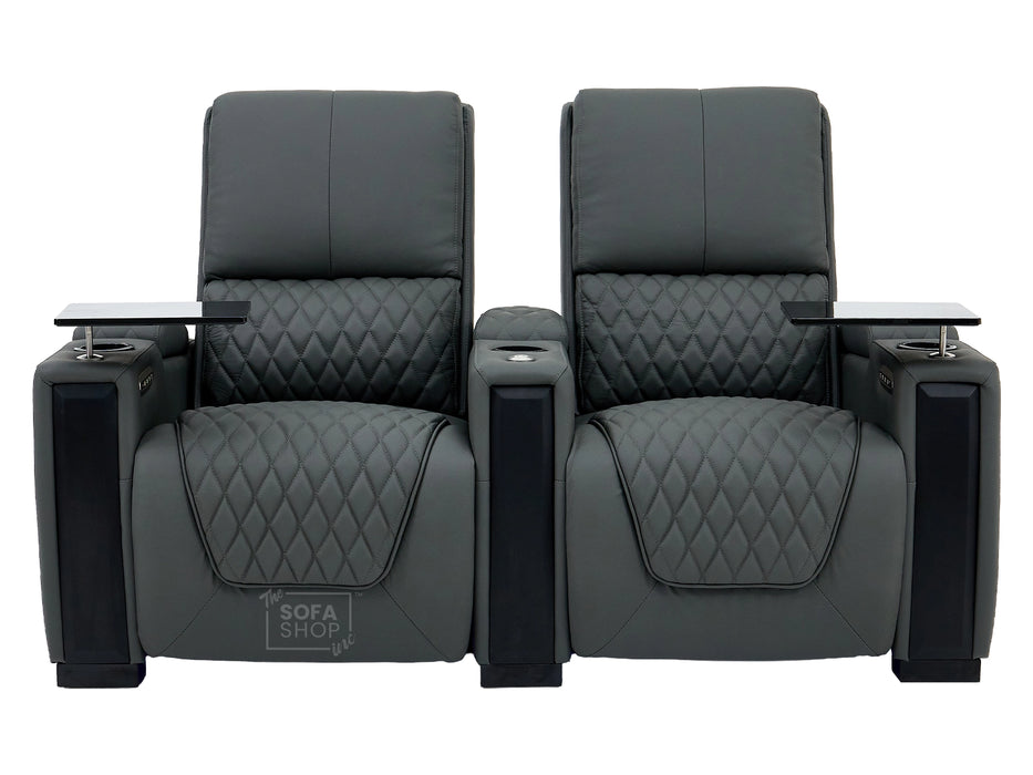 2 Seat Real Leather Electric Recliner Home Cinema Theatre Sofa In Grey With Multi-Position Reclining + LED Cup Holders & Lumbar Support | Assisi