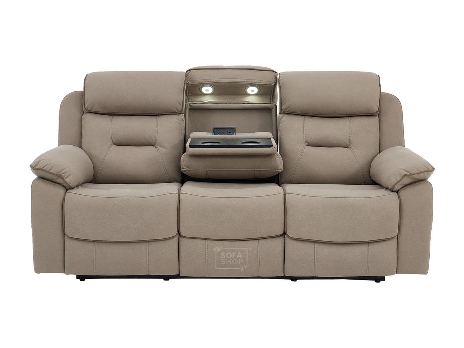 3 Seater Electric Recliner Cinema Sofa in Beige Fabric | Power Recliners with USB+C, Massage, Bluetooth Speaker, Fold-Down Table & Storage | Florence Series One