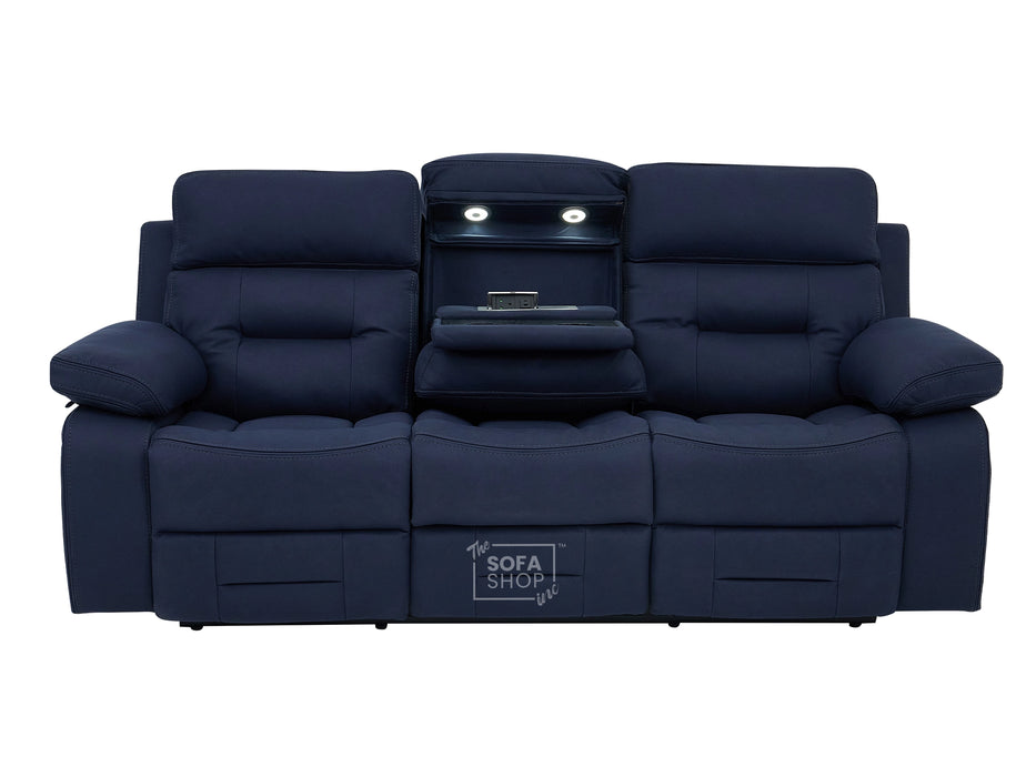 3+1 Electric Recliner Sofa Suite in Blue Resillience Fabric | Hi-Tech Cinema Set with Massage, Drop-Down Table, Power Headrest, Power Recliner, Storage Drawer, USB & Wireless Charging | Sicily