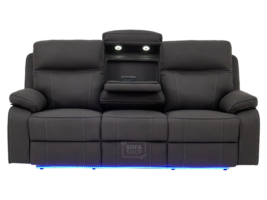 3 Seat Electric Recliner Home Cinema Theatre Sofa | Fabric Couch In Grey with Massage + Cupholders + Table + USB + Speakers | Vinsonova | The Sofa Shop