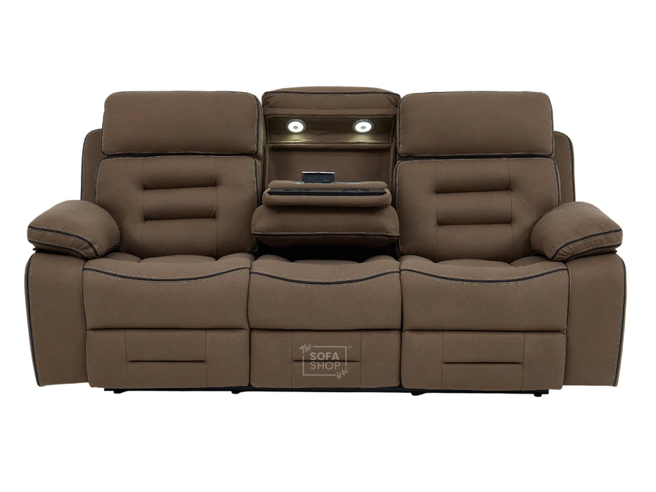 3 Seater Electric Recliner Cinema Sofa in Mocha Brown Fabric | Power Headrests, Bluetooth Speakers, Fold-Down Table & Storage | Tuscany