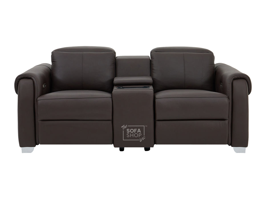 2 Seater Real Leather Electric Recliner Sofa | Cinema Sofa | Hi-Tech Sofa in Brown with Massage, Middle Console, Adjustable Headrests & USB | Turin | The Sofa Shop