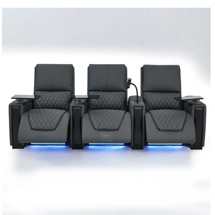 Real Leather 3+1 Home Theatre Sofa Suite In Grey | 2 Piece Reclining Cinema Sofa Package With Massage, Low Heated Lumbar, Power Lumbar, LED & Cooling Cup Holders | Assisi