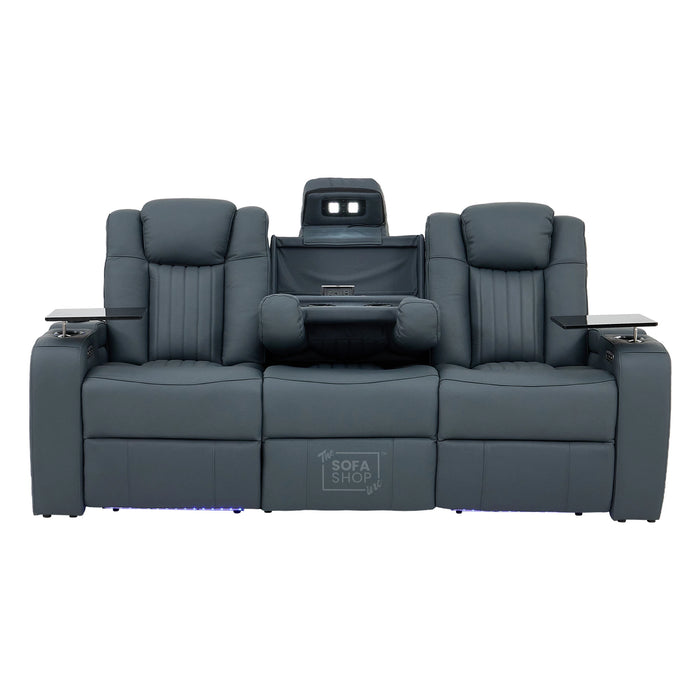 3 Seater Real Leather Recliner Sofa In Blue | Cinema Sofa with Massage, Heating, USB Ports, Drop-Down Table, LED Lights & Massage | Capri | The Sofa Shop