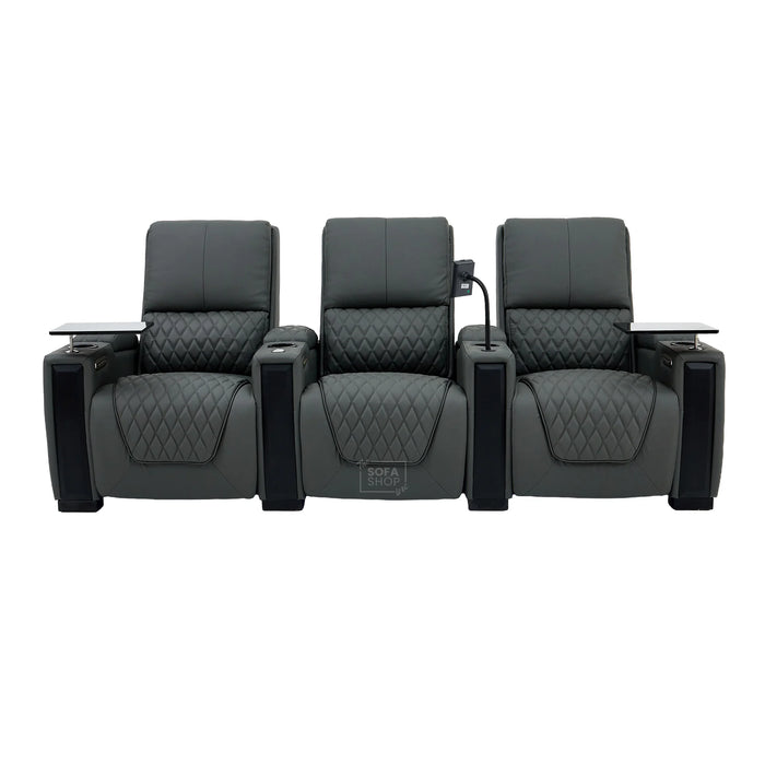 3 Seat Real Leather Electric Recliner Home Cinema Theatre Sofa In Grey with Chilled Cupholder + USB C to Stay Charged + Fully Reclining Seats & Lumbar Support | Assisi